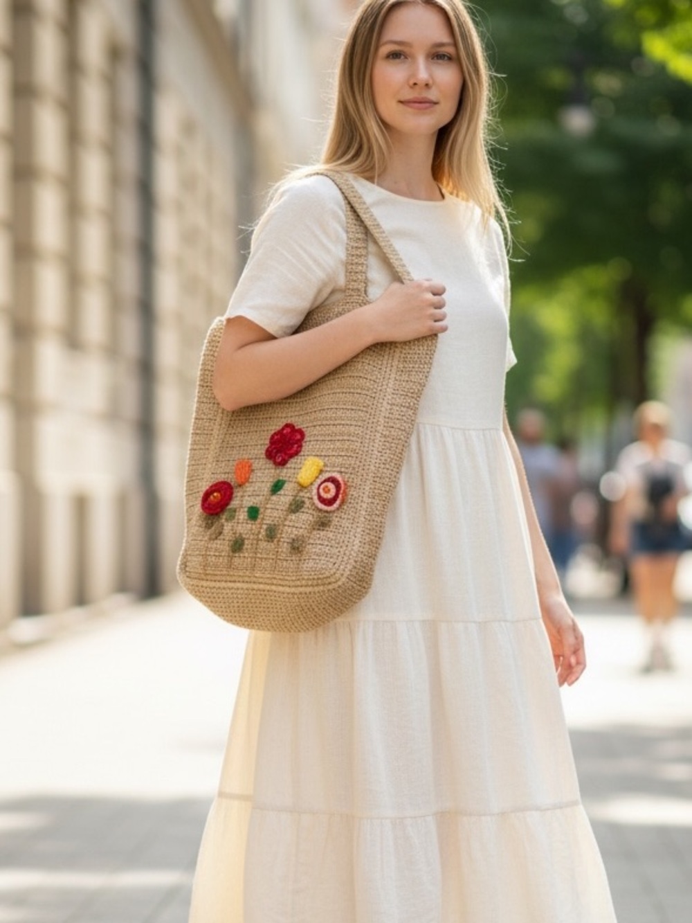BEAUTIFUL BOHO CROCHET FLORAL LARGE TOTE BAG COTTAGECORE MARKET TOTE BAG PURSE - Picture 3 of 16